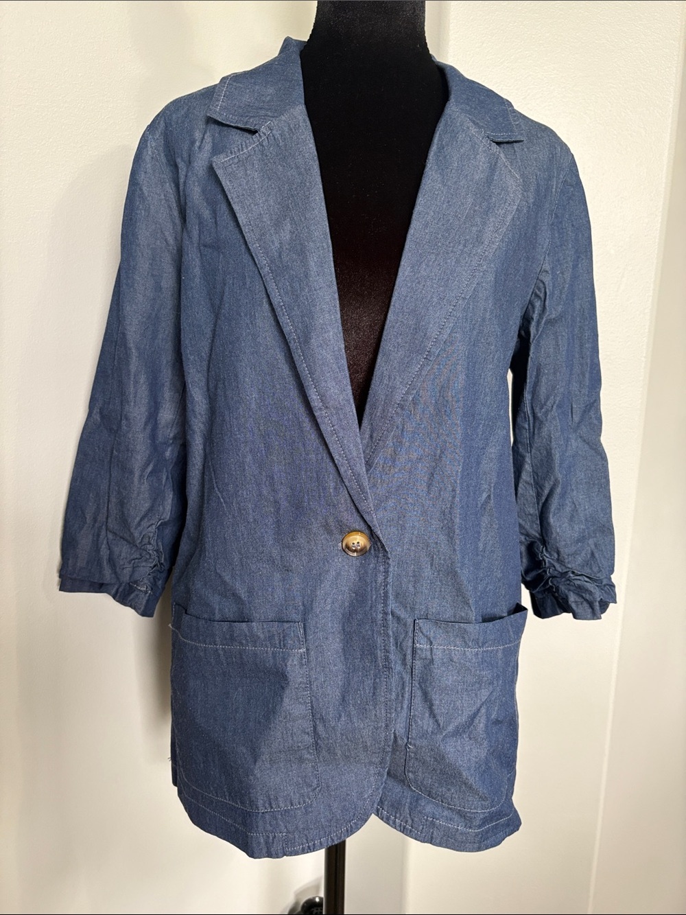 Casual Denim-Style Single-Button Blazer Jacket - Blue